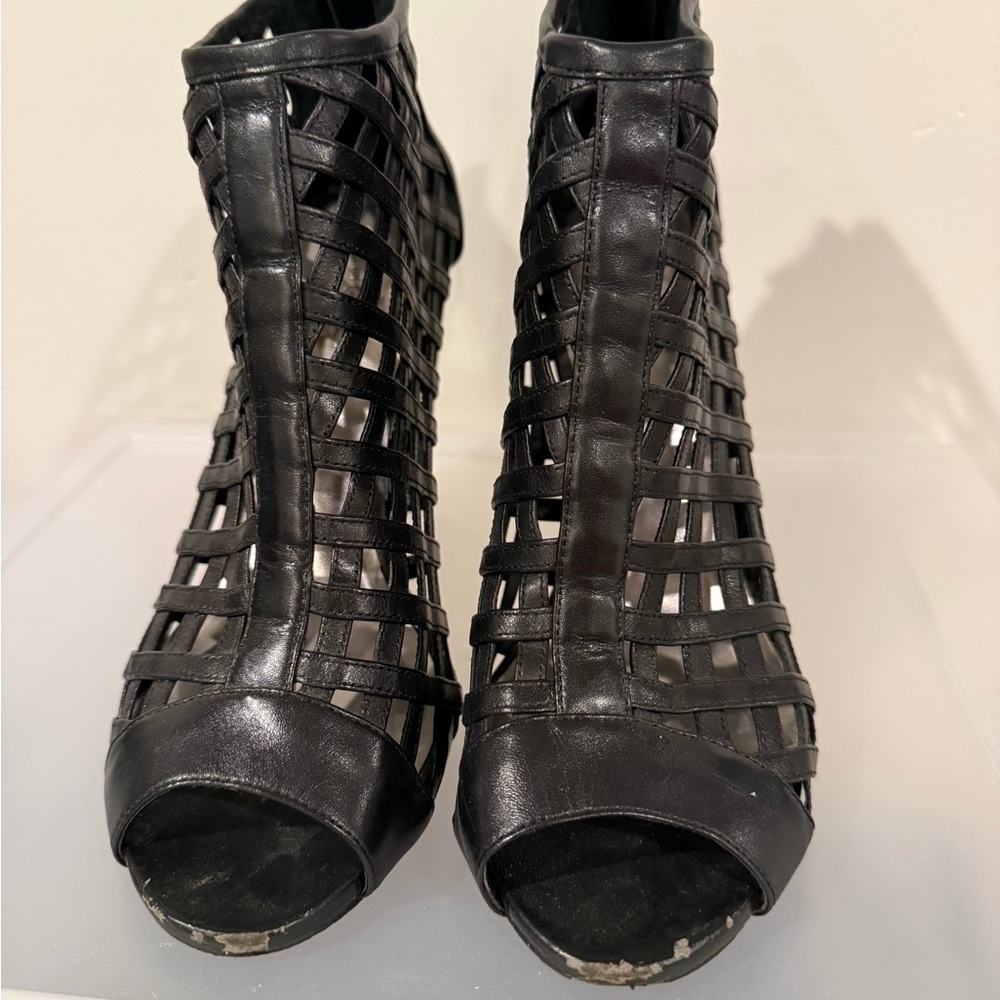BCBG Black Peep-Toe Woven Heels